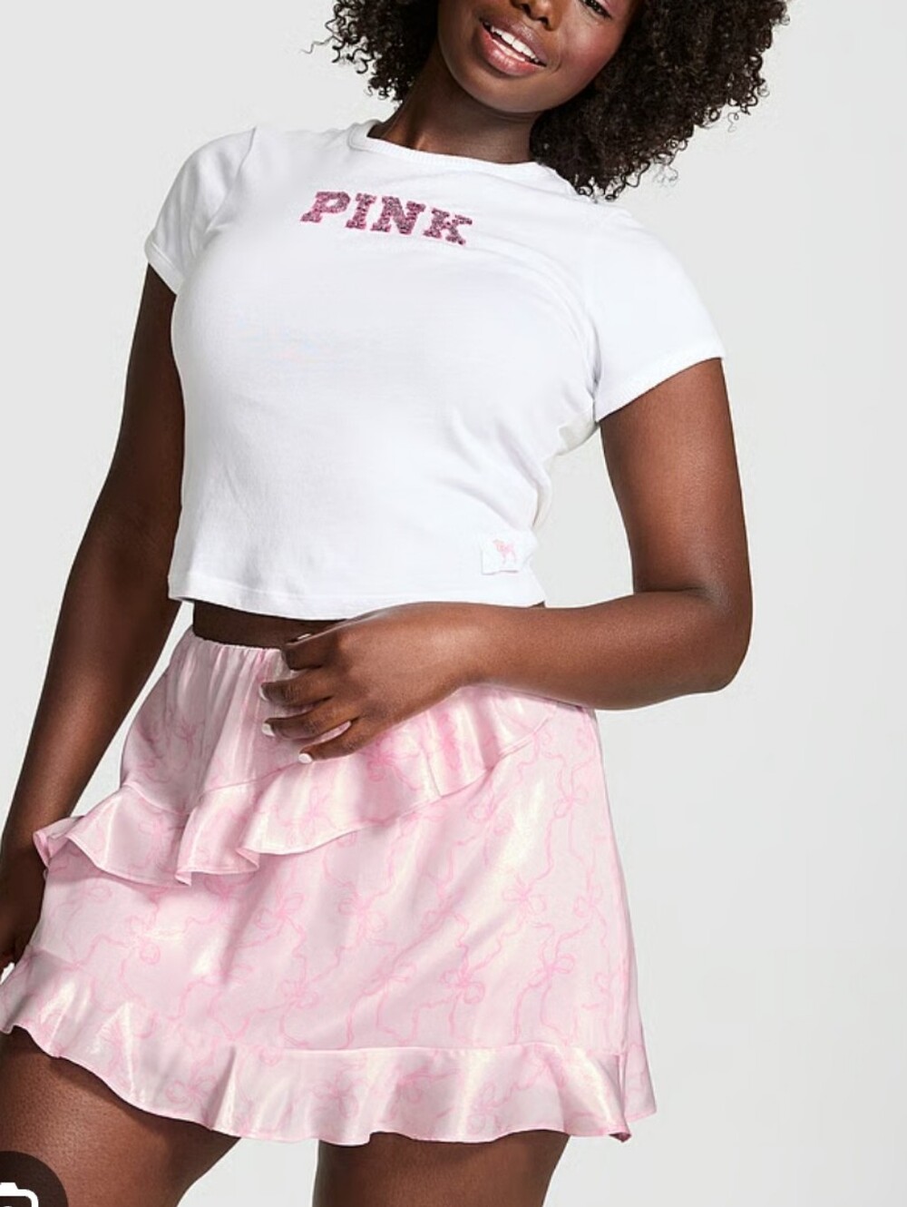 New!PINK x LoveShackFancy Pink Ruffle Satin Mini Skirt